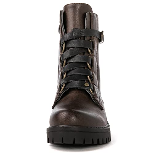 GLOBALWIN Womens Low Heel Buckle Strap Ankle Combat Boot, 22yy03 Brown, Size 9 (GW-W22YY03-BROWN-SZ-9)