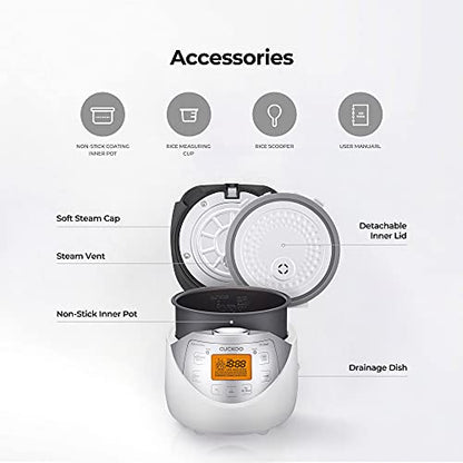 CUCKOO CR-0632F | 6-Cup (Uncooked) Micom Rice Cooker | 9 Menu Options: White Rice, Brown Rice & More, Nonstick Inner Pot, Made in Korea | White/Grey