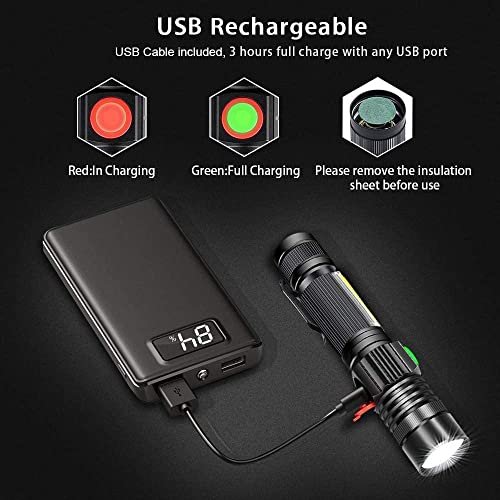 Flashlight USB Rechargeable, Magnetic LED Flashlight, Super Bright LED Tactical Flashlight with Cob Sidelight, 2000LM, Waterproof, Zoomable Best Small LED Flashlight for Camping, Emergency Flashlight