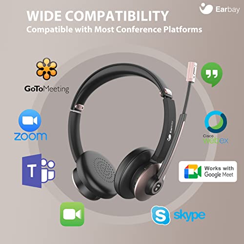 Bluetooth Headset with Microphone, Wireless Headset with Noise Cancelling Mic, On Ear Headphone with USB Dongle & Mute Button, 26hrs Talk time for PC/Office/Zoom/Skype Rose Gold