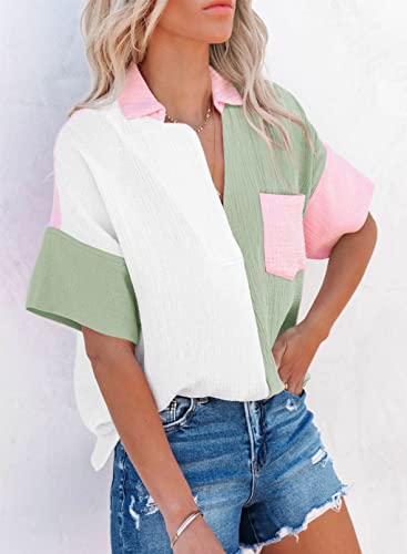 Dokotoo 2023 Summer Womens Ladies V-Neck Turn Down Collared Batwing Short Sleeve Pullover Shirts Comfy Linen Color Block Back Button Down Workout Loose fit Tunic Blouses Green 2XL