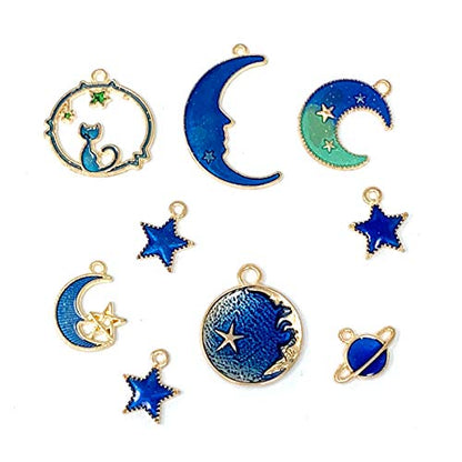 JIALEEY Assorted Gold Plated Enamel Cat Moon Star Celestial Charm Pendant DIY for Earrings Necklace Bracelet Jewelry Making and Crafting