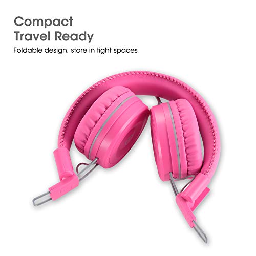 Kids Headphones-noot products K22 Foldable Stereo Tangle-Free 5ft Long Cord 3.5mm Jack Plugin Wired On-Ear Headset for iPad/AmazonKindle,Fire/Girls/Boys/School/Laptop/Travel/Plane/Tablet FlamingoPink