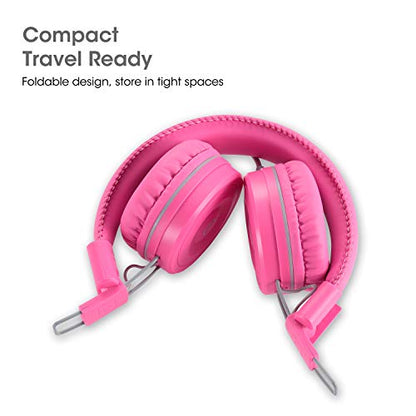 Kids Headphones-noot products K22 Foldable Stereo Tangle-Free 5ft Long Cord 3.5mm Jack Plugin Wired On-Ear Headset for iPad/AmazonKindle,Fire/Girls/Boys/School/Laptop/Travel/Plane/Tablet FlamingoPink