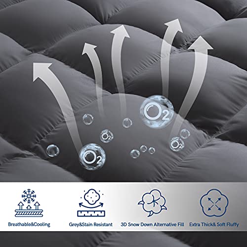 ELEMUSE Cal King Grey Cooling Mattress Topper for Back Pain, Extra Thick Mattress pad Cover, Plush Soft Pillowtop with Elastic Deep Pocket, Overfilled Down Alternative Filling