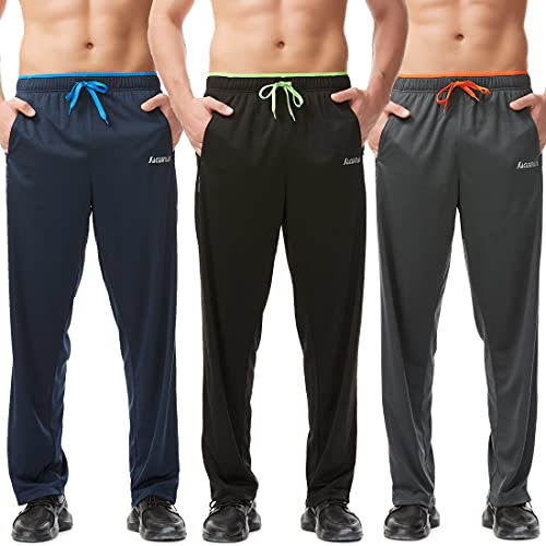 SACUIMAN Mens Sweatpants 3 Pack Spring Lightweight Workout Athletic Running Pants for Men with Zipper Pockets (Black,Blue,Grey,L)