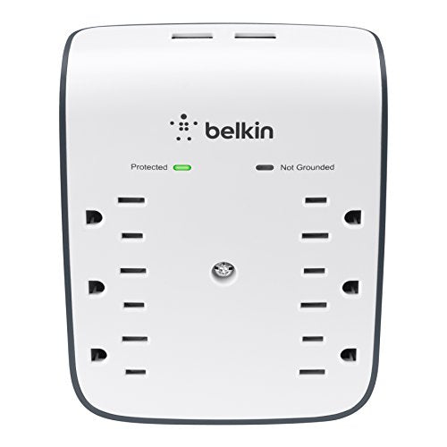 Belkin 6-Outlet Wall Surge Protector w/ 2 USB Ports - Wall Mountable w/ Premium Protection Against Surges - Safe Charge for Mobile Devices, Tablets, Small Appliances, & More - 900 Joules of Protection