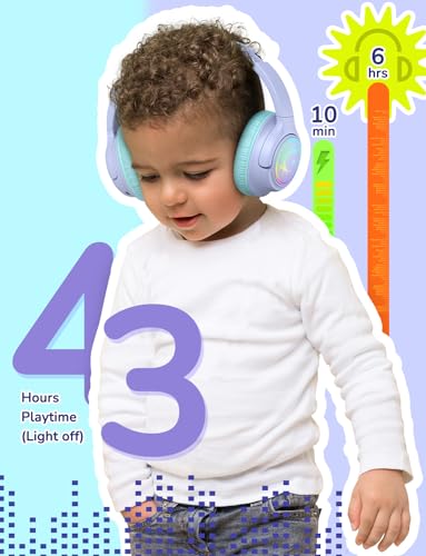 iClever Kids Bluetooth Headphones with LED Lights, BTH18 Safe Volume 74/85/94dBA, 43H Playtime, Stereo Sound, USB-C, AUX Cable, Bluetooth5.3 Over Ear Kids Headphones Wireless for Tablet/Travel, Purple