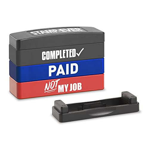 Stakz Pre-Inked Message Stamp – Completed, Paid, Not My Job -Red, Blue and Black Ink – Impression Size: 5/8” x 1-13/16”