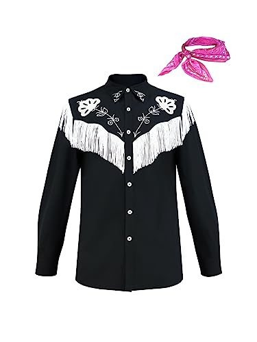 Naywig Ken Cowboy Costume With Scarf Western Long Sleeve Fringe Shirt Halloween Cosplay For Mens Boys-X-Large