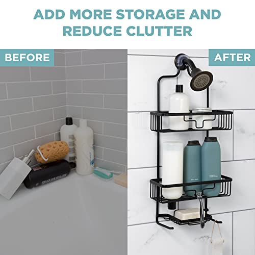 Zenna Home Hanging Shower Caddy, Over the Shower Head Bathroom Storage, Rustproof, No Drilling, Bath Organizer with 2 Shelves, Soap Tray, Razor Holders and Hooks, Black