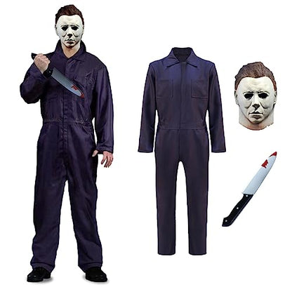 Michael Myers Costume with Blood Knife Halloween Cosplay Michael Myers Jumpsuit for Adult Perfect Match Michael Myers Mask (Large)