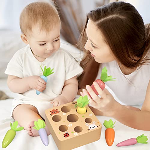 KMTJT Montessori Toys for 1 2 3 Year Old Toddlers, Macron Carrot Harvest Game Wooden Toys for Baby Boys and Girls, Educational Learning Shape Sorting Matching Gifts for Babies 1-3