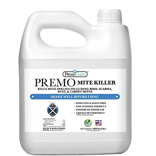 Mite Killer Spray by Premo Guard 128 oz – Treatment for Dust Spider Bird Rat Mouse Carpet and Scabies Mites – Fast Acting 100% Effective – Child & Pet Safe – Best Natural Extended Protection