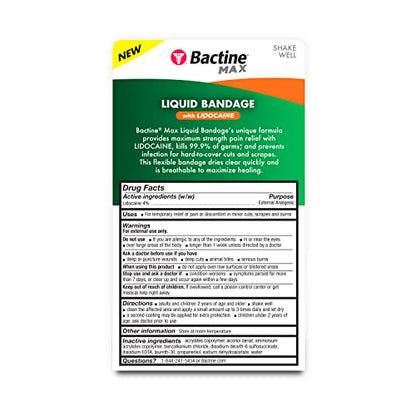 Bactine MAX Liquid Bandage with Lidocaine - Wound Cleaning Liquid Bandage for Skin - Covers & Protects - Skin Glue for Wounds - .30 fl. Ounce