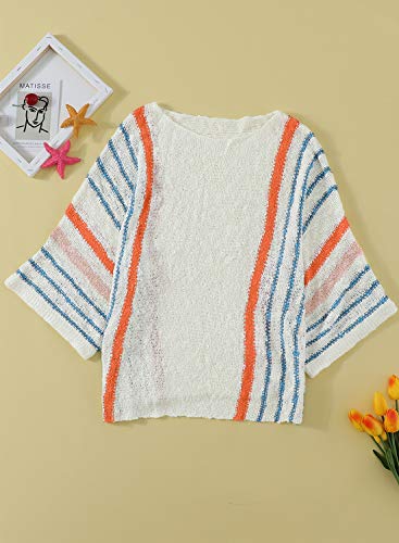 Dokotoo Womens Ladies Plus Size Cute Casual Summer Fall 2023 Crewneck Color Block Striped Wide 3/4 Sleeve Oversized Lightweight Comfy Cozy Cable Knit Beach Pullover Sweaters for Women Tops Shirts 2XL