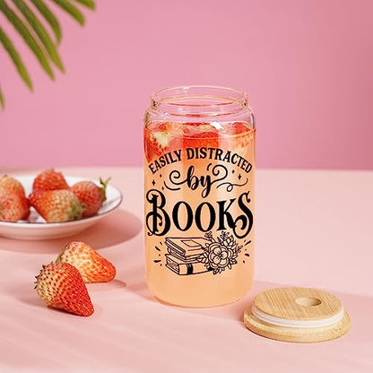 Coolife Book Themed 16oz Glass Cups w/Lids & Straws, Gifts for Book Lovers - Book Club Bookish Gifts, Librarian Gifts, Christmas, Bookworm Gifts for Readers, Teacher, Book Lovers Gift Ideas