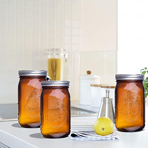 eleganttime Amber Glass Mason Jars 32 oz Wide Mouth with Airtight Lids and Bands 6 Pack Large Glass Canning Mason Jars Quart,Great for Canning Jar Pickle Fermenting Jam Jar