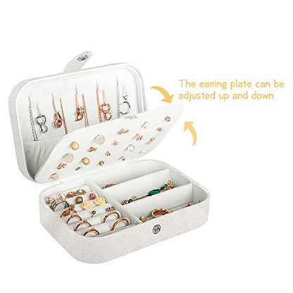 Travel Jewelry Box,PU Leather Small Jewelry Organizer for Women Girls,Portable Mini Travel Case Display Storage Holder Box for Stud Earrings, Rings, Necklaces, Bracelets (Glitter White)