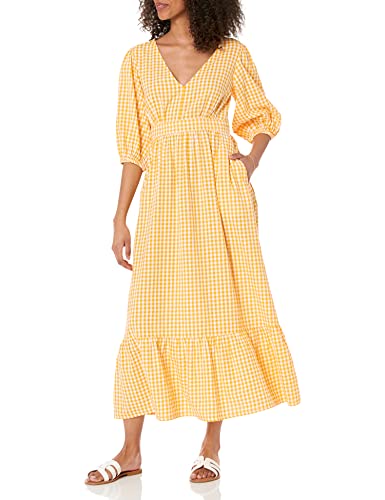 The Drop Women's Calie V-Neck Puff Sleeve Maxi Dress, Mango/White, S