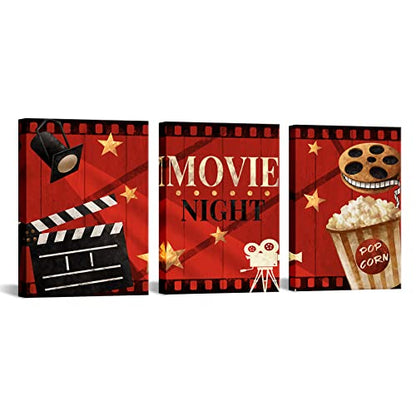 Apicoture Home Theater Wall Decor Movie Night Sign Canvas Wall Art Prints Movie Film Reels Popcorn Lamplight Painting Prints Media Room Home Cinema Wall Framed 12"x16"x3 Pieces