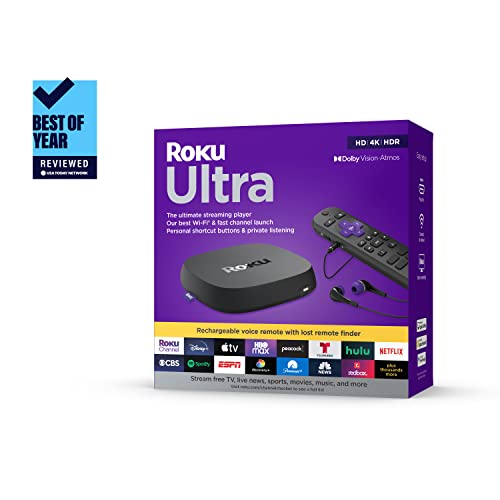 Roku Ultra | The Ultimate Roku Streaming Device 4K/HDR/Dolby Vision/Atmos, Rechargeable Roku Voice Remote Pro, Ethernet Port, Hands-Free Controls, Lost Remote Finder, Free & Live TV