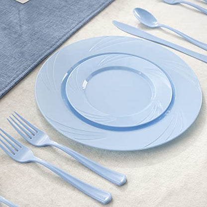 YOUBET 125Pieces Blue Plastic Plates-Blue Plastic Silverware-Include 25 Dinner Plates 25 Dessert Plates 25 Forks 25 Knives 25 Spoons- Blue Plastic Dinnerware for Parties