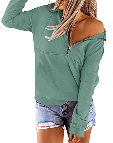 Floral Find Women's Long Sleeve Lapel Half Zip Up Sweatshirt Solid Stylish Loose Fit Casual Pullover Tops (Sage, XX-Large)