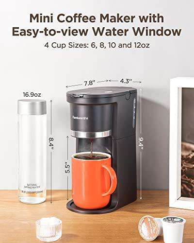 Famiworths Mini Coffee Maker Single Serve, Instant Coffee Maker One Cup for K Cup & Ground Coffee, 6 to 12 Oz Brew Sizes, Capsule Coffee Machine with Water Window and Descaling Reminder, Black