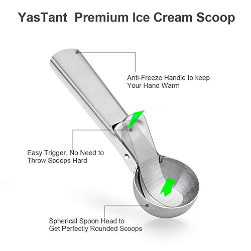 YasTant Premium Ice Cream Scoop with Trigger Ice Cream Scooper Stainless Steel, Heavy Duty Metal Icecream Scoop Spoon Dishwasher Safe, Perfect for Frozen Yogurt, Gelatos, Sundaes, Medium Silver