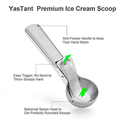 YasTant Premium Ice Cream Scoop with Trigger Ice Cream Scooper Stainless Steel, Heavy Duty Metal Icecream Scoop Spoon Dishwasher Safe, Perfect for Frozen Yogurt, Gelatos, Sundaes, Medium Silver