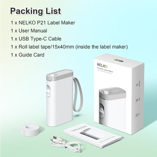 NELKO Label Maker Machine with Tape, P21 Portable Bluetooth Label Printer, Wireless Built-in Cutter Sticker Maker Mini Label Makers with Multiple Templates for Organizing Storage Office Home, White