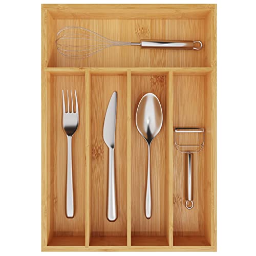 MOBOOMTIE Bamboo Silverware Organizer - Kitchen Drawer Organizer and Utensil Organizer, Perfect Size for Silverware, Flatware, Knives in Kitchen, Bedroom, Living Room (Natural, 9.8 in)