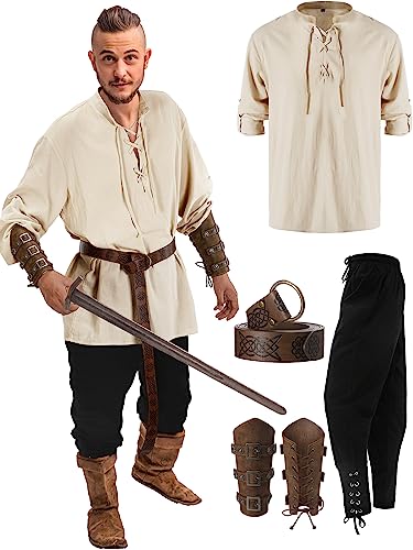 Jiuguva 4 Pcs Halloween Men's Renaissance Costume Set Medieval Pirate Shirt Ankle Banded Pants Viking Belt Accessories (Classic Color,Large)