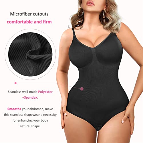 BRABIC Bodysuit Shapewear for Women Tummy Control Panties Seamless Sleeveless Tops V-Neck Camisole Jumpsuit (Black, Medium/Large)