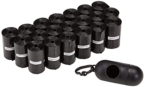 Amazon Basics Standard Dog Poop Bags With Dispenser and Leash Clip, Unscented, 300 Count, 20 Pack of 15, Black, 13 Inch x 9 Inch