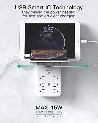 Wall Outlet Extender - Surge Protector 6 AC Outlets Multi Plug Outlet with Shelf, 2 USB and USB C Charging Ports Wall Plug Expander, USB Wall Charger Outlet Splitter for Home Dorm