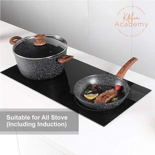 Kitchen Academy Induction Cookware Set-17 Piece Non-stick Cooking Pan Set, Black Granite Pots and Pans Set