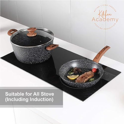 Kitchen Academy Induction Cookware Set-17 Piece Non-stick Cooking Pan Set, Black Granite Pots and Pans Set