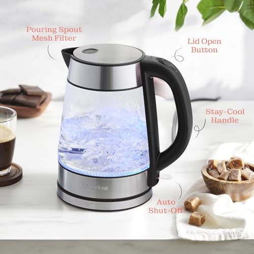 Speed-Boil Electric Kettle For Coffee & Tea - 1.7L Water Boiler 1500W, Borosilicate Glass, Easy Clean Wide Opening, Auto Shut-Off, Cool Touch Handle, LED Light. 360° Rotation, Boil Dry Protection