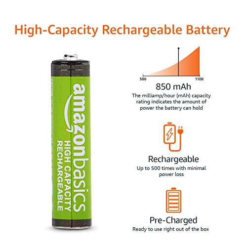 Amazon Basics 12-Pack Rechargeable AAA NiMH High-Capacity Batteries, 850 mAh, Recharge up to 500x Times, Pre-Charged