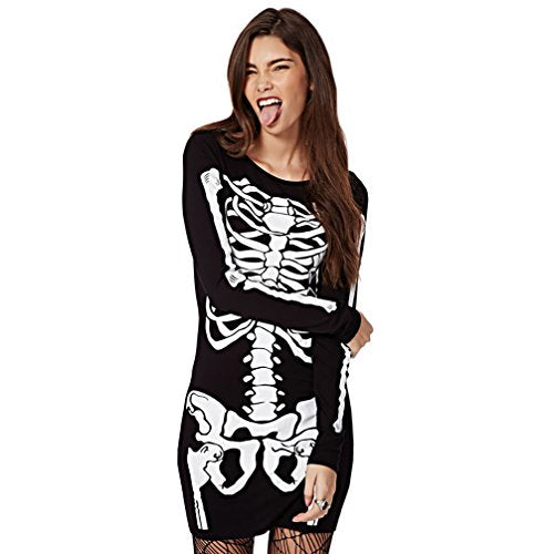 RieKet Women's Halloween Costume Skeleton Dress Long Sleeves Stretchy Short Mini Dress (L, Black)