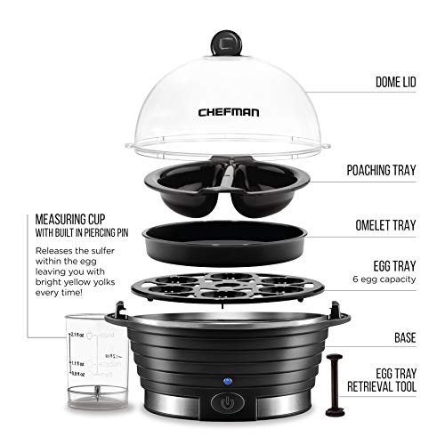 Chefman Egg-Maker Rapid Poacher, Food & Vegetable Steamer, Quickly Makes Up to 6, Hard, Medium or Soft Boiled, Poaching/Omelet Tray Included, Ready Signal, BPA-Free, BLACK