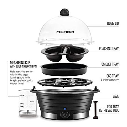 Chefman Egg-Maker Rapid Poacher, Food & Vegetable Steamer, Quickly Makes Up to 6, Hard, Medium or Soft Boiled, Poaching/Omelet Tray Included, Ready Signal, BPA-Free, BLACK