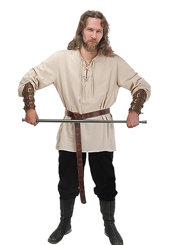 Jiuguva 4 Pcs Halloween Men's Renaissance Costume Set Medieval Pirate Shirt Ankle Banded Pants Viking Belt Accessories (Classic Color,Large)