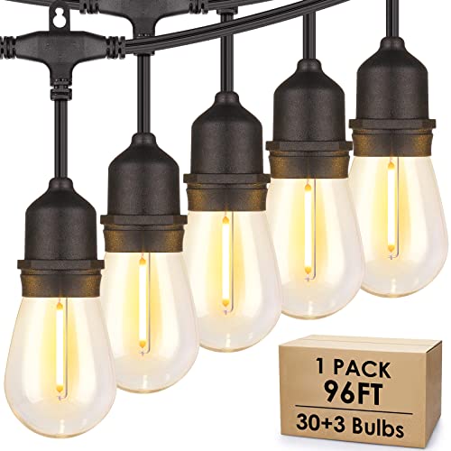 Mlambert 96FT LED Outdoor String Lights, Dimmable Waterproof Patio Lights with 30+3 Edison Warm White Plastic Bulbs, Shatterproof Linkable Outside Hanging Light for Backyard Porch Garden - Black Cord