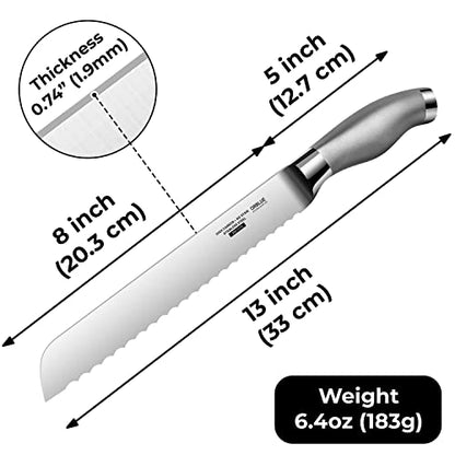 Orblue Serrated Bread Knife with Upgraded Stainless Steel Razor Sharp Wavy Edge Width - Bread Cutter Ideal for Slicing Homemade Bread, Bagels, Cake (8-Inch Blade with 5-Inch Handle)