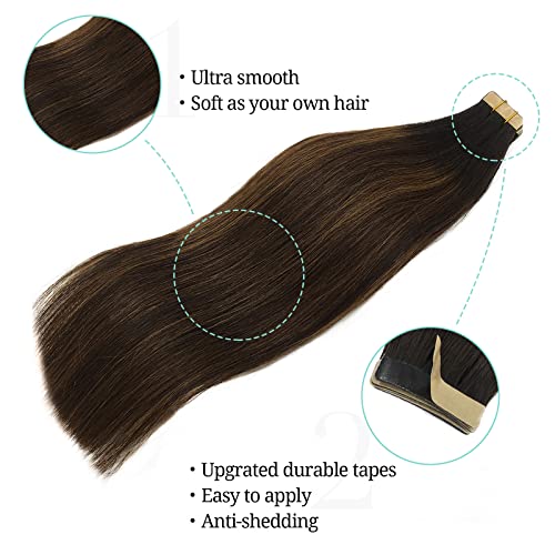 Tape in Hair Extensions Human Hair, Balayage Dark Brown to Chestnut Brown 50g 20pcs 18 Inch, DOORES Human Hair Extensions Natural Hair Extensions Remy Straight Hair Skin Weft