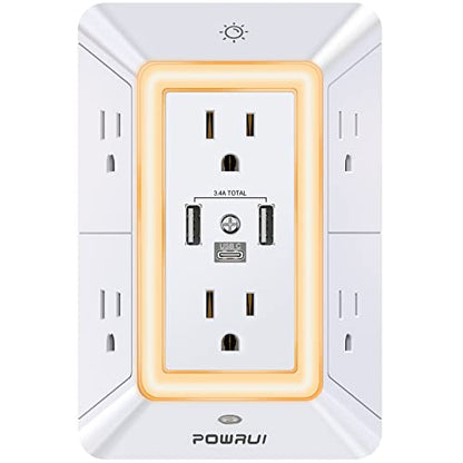 Surge Protector USB Outlet Extender - POWRUI Multi Plug with 6 Outlet Splitter and 3 USB Charging Ports and Night Light,3-Sided Power Strip with Adapter Spaced Outlets - White,ETL