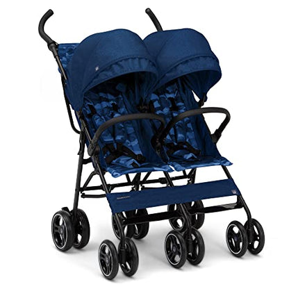 GAP babyGap Classic Side-by-Side Double Stroller - Lightweight Double Stroller with Recline, Extendable Sun Visors & Compact Fold - Made with Sustainable Materials, Navy Camo